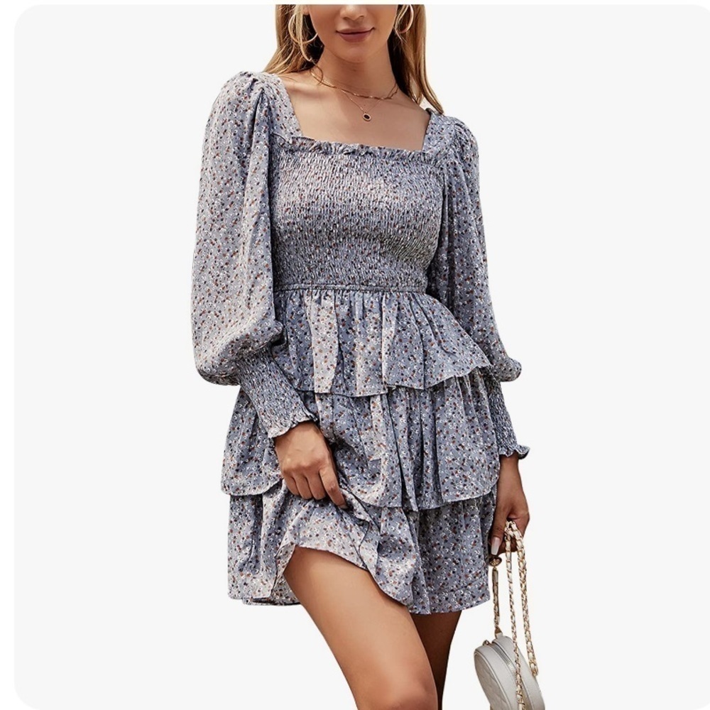Byinns Women's Square Neck Ruffle Dress Long Lantern Sleeve Floral Print Tiered